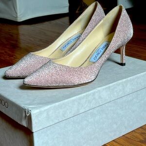 Jimmy Choo Romy 60 Ballet Pink Fine Glitter Fabric Pointy Toe Pumps